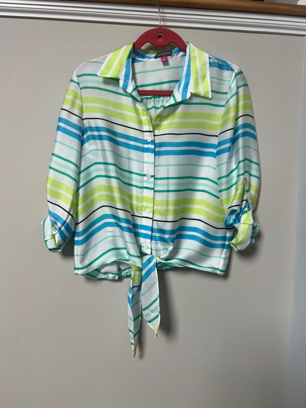 Vince Camuto Striped Button-Front Tie Hem Blouse in Aqua, Lime & White